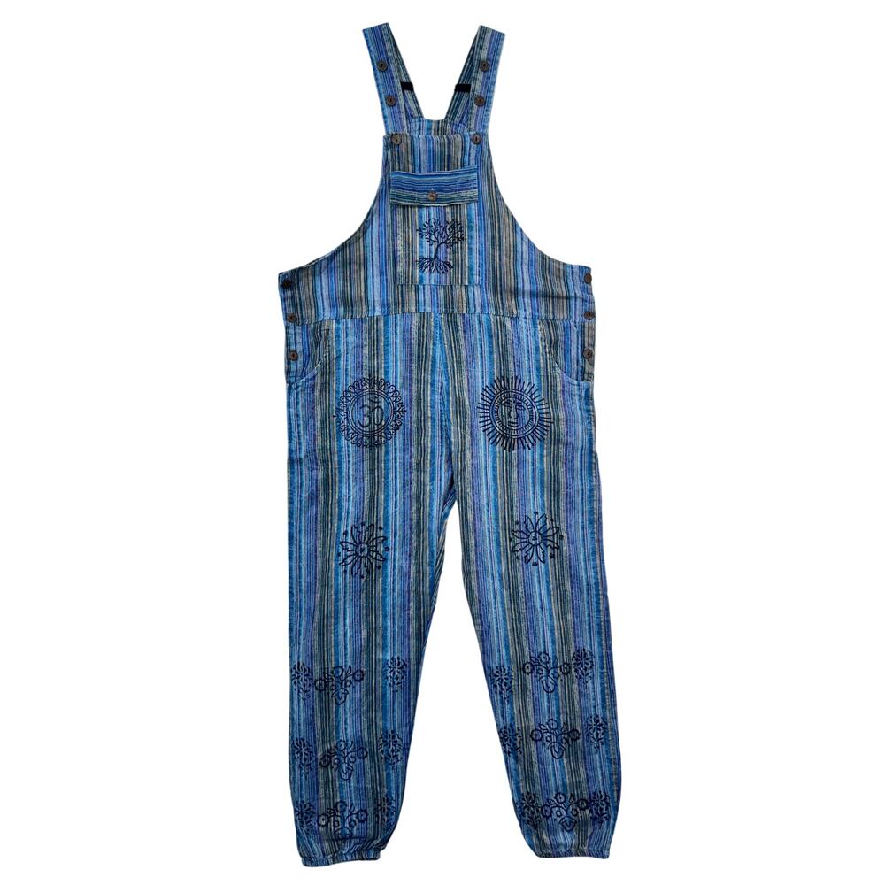 Rising International Blue Striped Bib Overall Hippie Jumpsuit Soft Cotton Medium